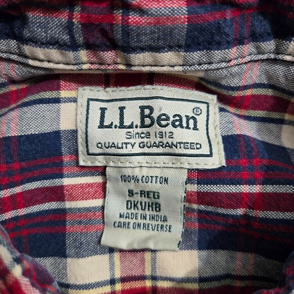 L.L. Bean Men S Reg Red Blue Plaid Button Up Denim Long Sleeve Shirt - Picture 6 of 11